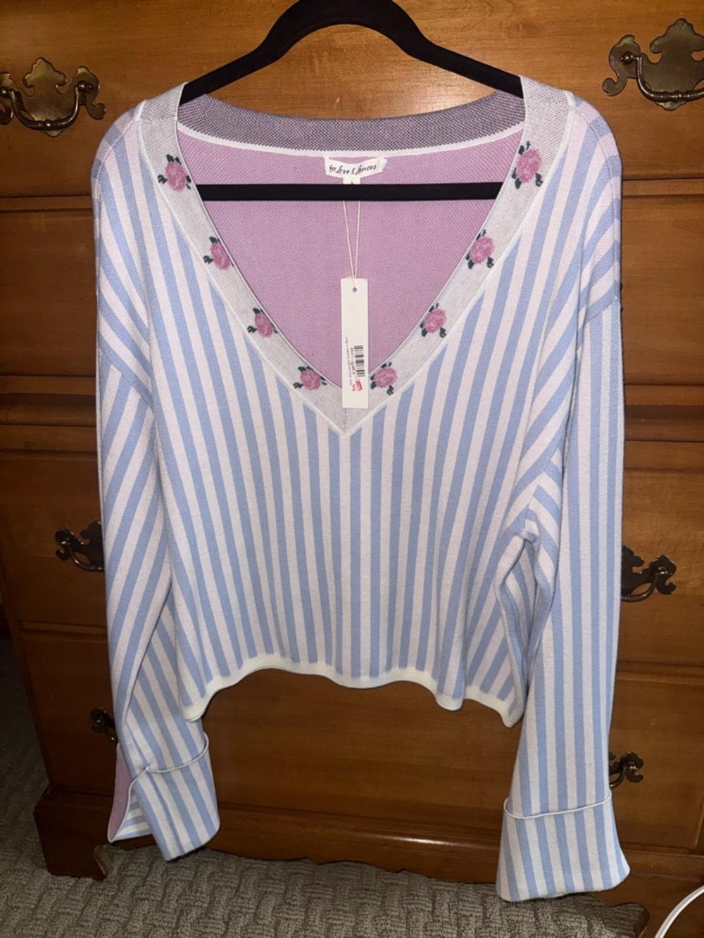 For Love & Lemons V-Neck Stripe Sweater with Rose Trim